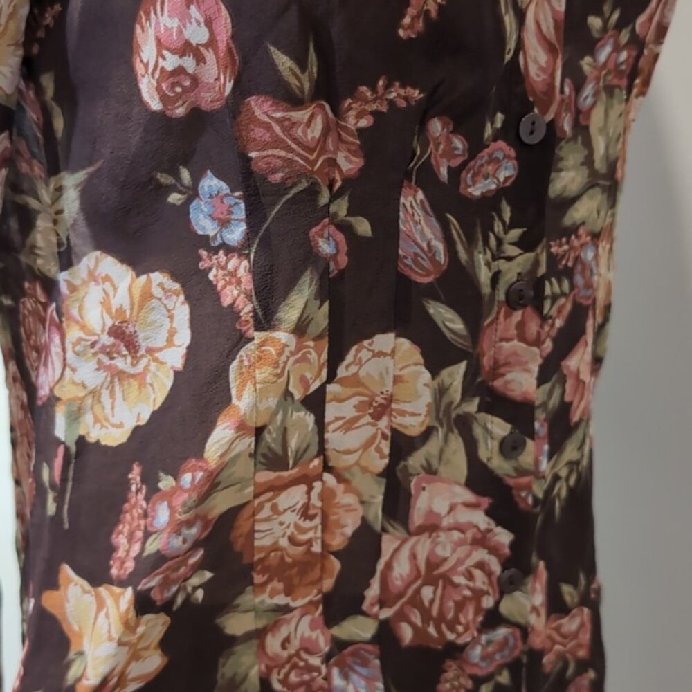CAbi Pure Silk Top Floral Pintucked Velvet Buttoned Shirt Brown Womens Medium - Picture 12 of 14